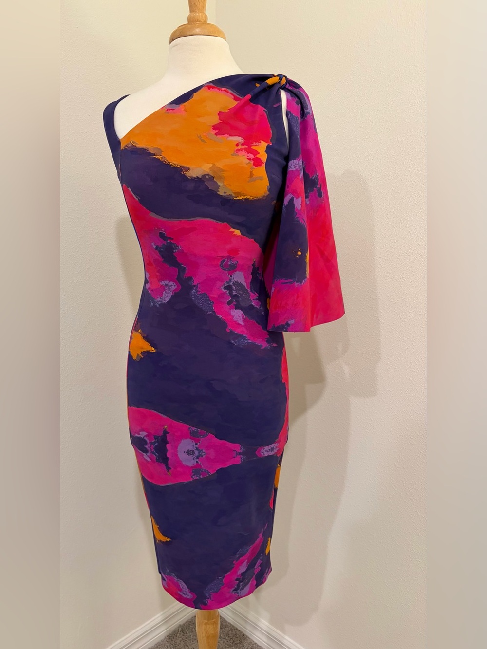 Chiara Boni One-Shoulder Abstract Print Midi Dress in Purple, Pink and Orange